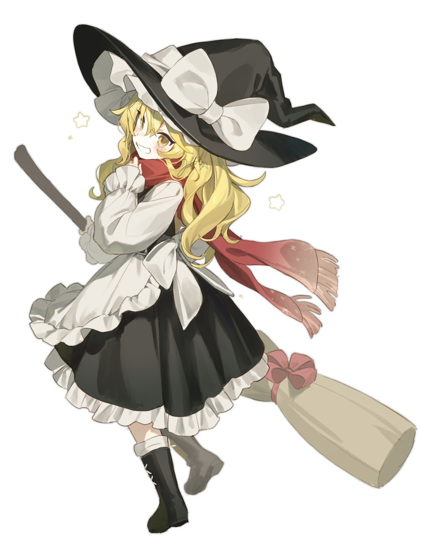1girl apron artist_name back_bow black_dress black_footwear black_headwear blonde_hair blush boots bow broom check_commentary commentary_request dress frills full_body hair_between_eyes hands_up hat hat_bow highres holding holding_broom jill_07km kirisame_marisa long_hair long_sleeves looking_at_viewer puffy_long_sleeves puffy_sleeves red_scarf scarf shirt simple_background smile snowflake_print solo standing star_(symbol) teeth touhou white_apron white_background white_bow white_shirt witch_hat yellow_eyes