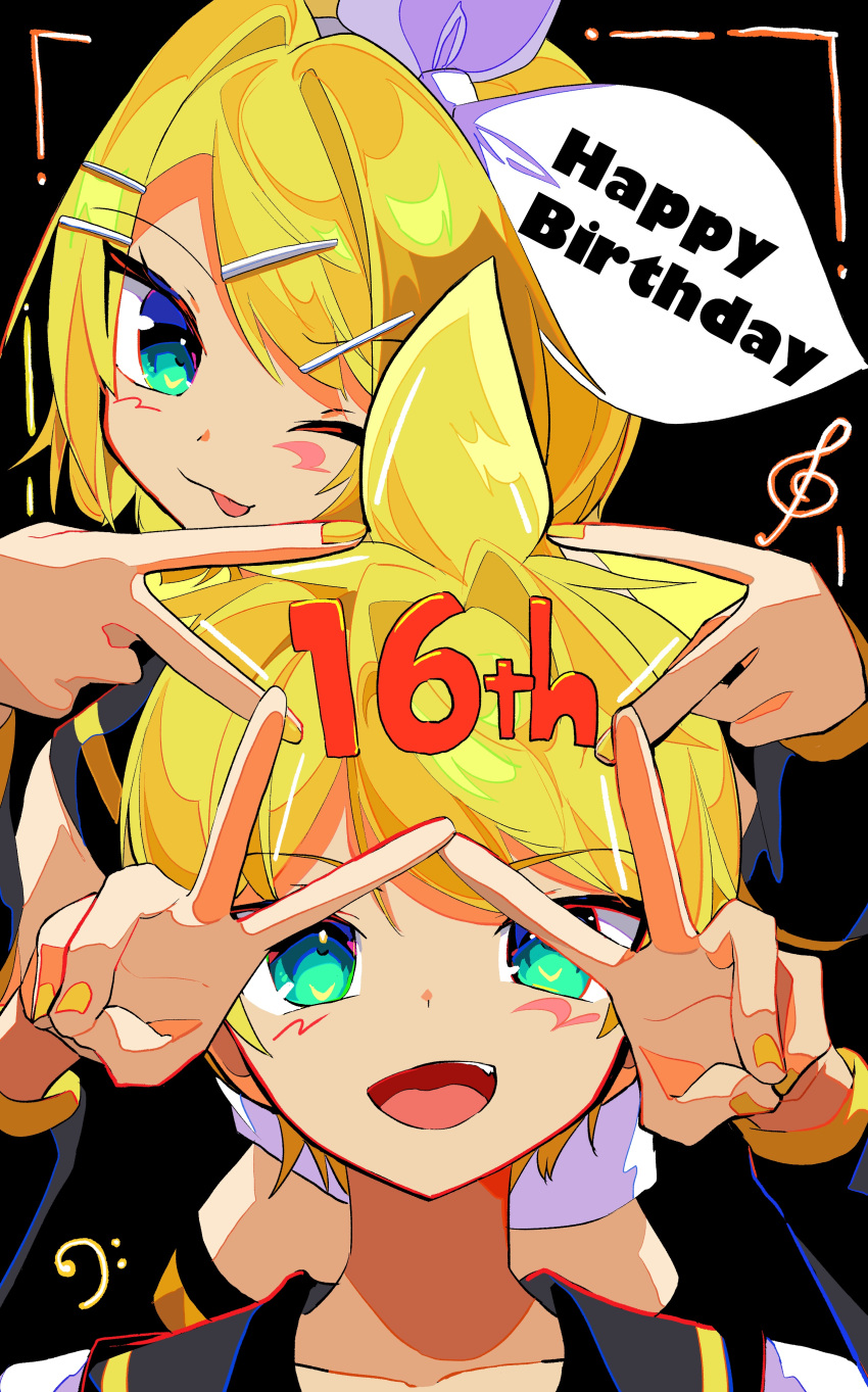 1boy 1girl :p absurdres anniversary aqua_eyes bass_clef behind_another black_background black_sailor_collar blonde_hair blush bow cel_shading collarbone commentary crop_top double_v fang hair_bow hair_ornament hairclip hands_up happy_birthday highres kagamine_len kagamine_rin kasaki_sakura leaning_forward looking_at_viewer one_eye_closed sailor_collar shirt short_hair sleeveless sleeveless_shirt spiked_hair star_(symbol) swept_bangs teeth tongue tongue_out treble_clef upper_body upper_teeth_only v vocaloid white_bow white_shirt yellow_nails