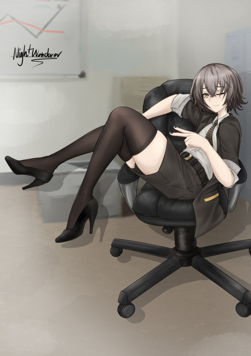 1girl absurdres artist_name black_jacket black_nails black_thighhighs brown_hair chair commentary_request full_body girls'_frontline girls'_frontline_2:_exilium hair_between_eyes high_heels highres jacket looking_at_viewer necktie nightwanderer98 office_chair one_eye_closed open_clothes open_jacket orange_eyes portuguese_commentary scar scar_across_eye scar_on_face shirt short_hair shorts sitting striped_necktie swivel_chair thighhighs ump45_(girls'_frontline) v white_shirt