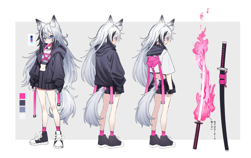 1girl absurdres animal_ears black_gloves black_hair black_jacket black_skirt blue_eyes cropped_shirt edajima_denki fingerless_gloves flaming_sword flaming_weapon fox_ears fox_girl fox_tail gloves grey_hair highres jacket katana long_hair miniskirt multicolored_hair navel non-web_source open_clothes open_jacket original pleated_skirt second-party_source shirt skirt standing stomach sword tail weapon white_hair white_shirt