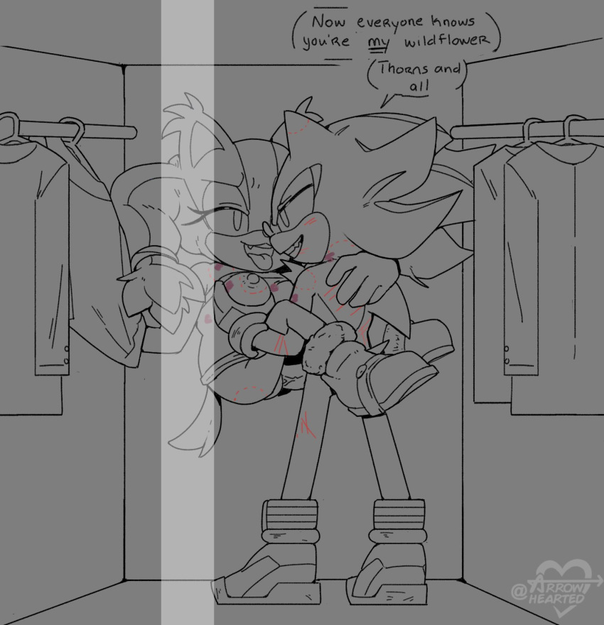 anthro arrow_hearted badger bite_mark boots breasts bruised carrying_another carrying_partner closet clothing dialogue duo eulipotyphlan female footwear genitals hedgehog hi_res male male/female mammal mustelid musteline penis scratches sega shadow_the_hedgehog sonic_boom sonic_the_hedgehog_(series) speech_bubble sticks_the_jungle_badger tongue tongue_out