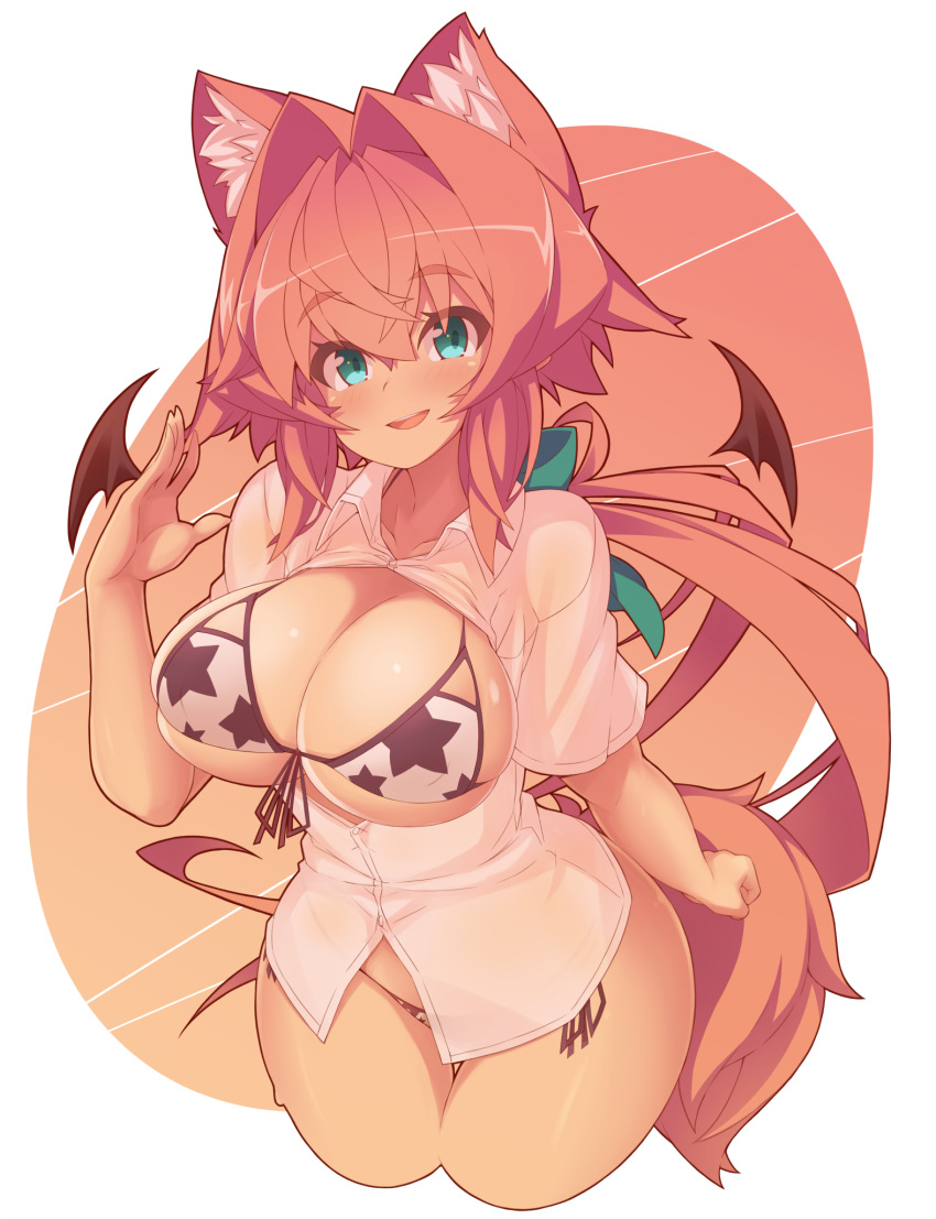 1girl animal_ear_fluff animal_ears bikini bow breasts breasts_out collarbone cowboy_shot cropped_legs fox_ears fox_tail front-tie_bikini_top front-tie_top green_bow green_eyes hair_between_eyes hair_bow hair_intakes highres large_breasts long_hair low_ponytail open_clothes open_shirt original pink_background pink_hair rikumaru shiny_skin shirt side-tie_bikini_bottom sidelocks smile solo souffle_gamberetto standing star_(symbol) star_print swimsuit tail thigh_gap white_shirt wide_hips