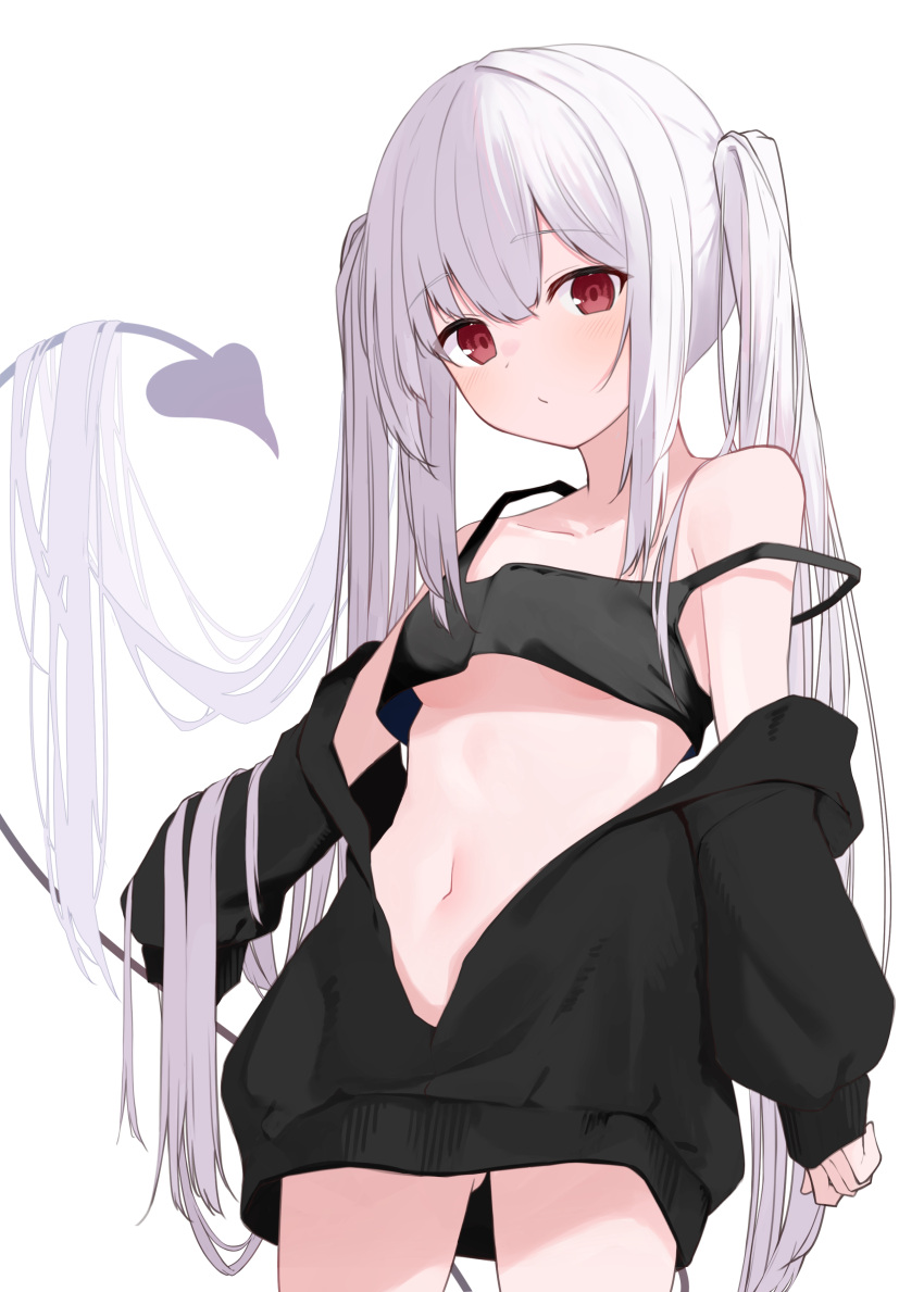 1girl absurdres bare_shoulders black_camisole black_jacket breasts camisole collarbone commentary_request demon_tail highres jacket long_hair long_sleeves memekko navel off_shoulder open_clothes open_jacket original puffy_long_sleeves puffy_sleeves red_eyes simple_background sleeves_past_fingers sleeves_past_wrists small_breasts solo standing strap_slip tail twintails very_long_hair white_background white_hair