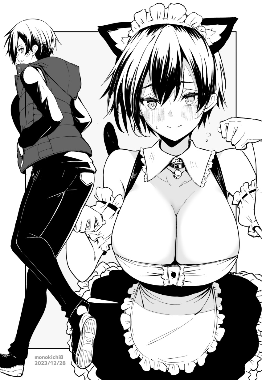 1girl animal_ears apron blush breasts cat_ears cat_tail cleavage closed_mouth commentary_request dated fake_animal_ears fake_tail from_behind gloves grey_background greyscale hands_in_pockets highres hood hooded_jacket jacket kichihachi large_breasts looking_at_viewer maid maid_apron maid_headdress monochrome multiple_views original pants shoes short_hair signature smile tail two-tone_background white_background