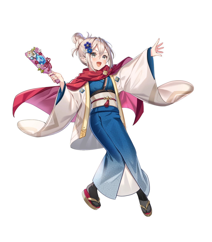 1girl attack blue_kimono dragonstone fire_emblem fire_emblem_fates fire_emblem_heroes flower grey_eyes grey_hair hagoita hair_bun hair_flower hair_ornament haori highres japanese_clothes kana_(female)_(fire_emblem) kana_(female)_(rising_sunlight)_(fire_emblem) kana_(fire_emblem) kimono non-web_source official_alternate_costume official_art open_mouth paddle sandals smile solo v-shaped_eyebrows