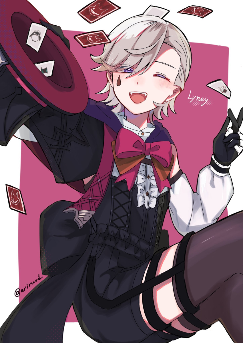 1boy arirurih bishounen black_gloves card cowboy_shot genshin_impact gloves hat highres lyney_(genshin_impact) male_focus one_eye_closed open_mouth playing_card purple_eyes red_ribbon ribbon short_hair shorts smile solo teardrop_tattoo top_hat