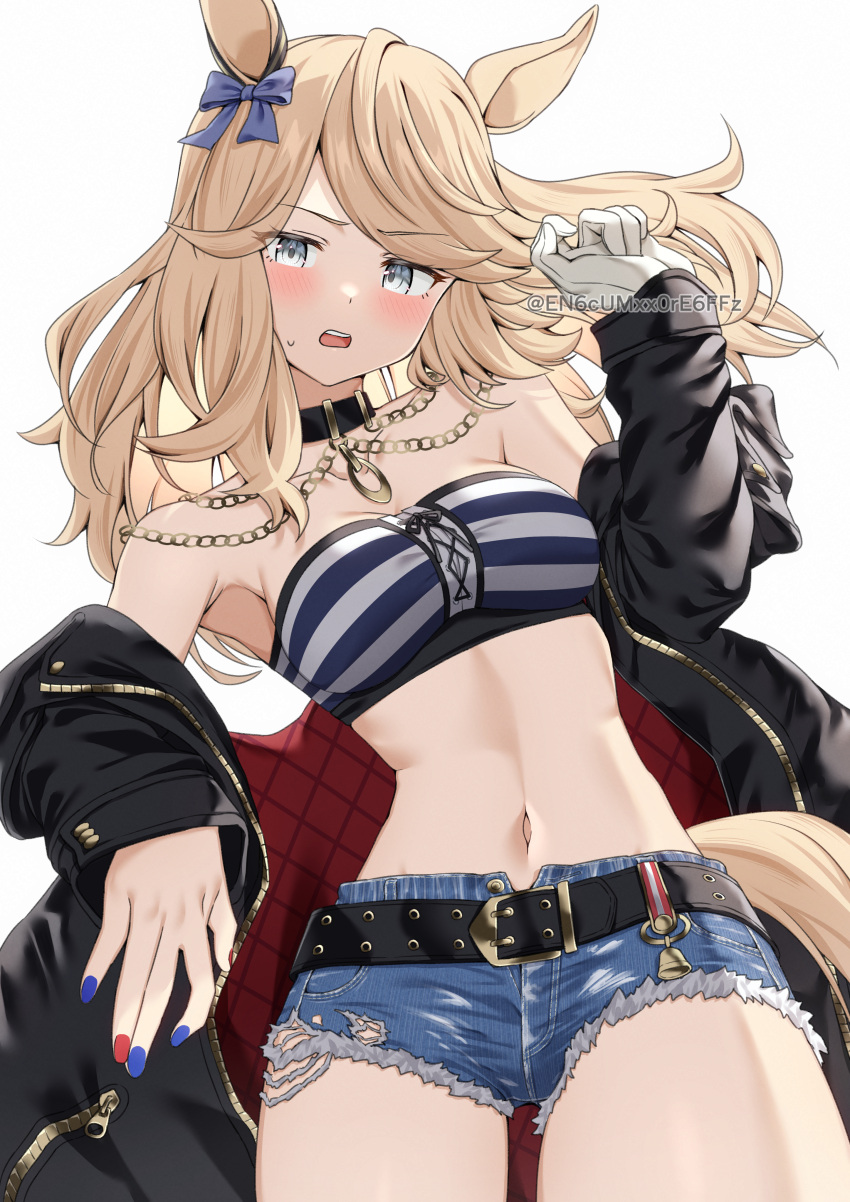 1girl absurdres bandeau bare_shoulders belt black_belt black_choker black_jacket blonde_hair blue_bow blue_nails bow breasts choker cleavage commentary_request cowboy_shot cutoffs denim denim_shorts gold_city_(umamusume) grey_eyes hair_bow head_tilt highres jacket long_hair long_sleeves looking_at_viewer midriff nail_polish navel off_shoulder open_clothes open_jacket open_mouth red_nails short_shorts shorts simple_background small_breasts solo standing stomach strapless striped_bandeau tail thighs tube_top umamusume white_background yamano_rokamizu