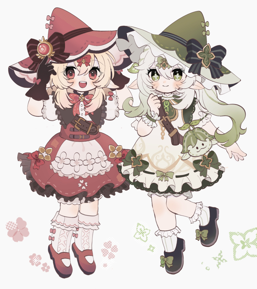 2girls :d aranara_(genshin_impact) bag belt black_bow black_footwear black_gloves blonde_hair bloomers blush bow bowtie brooch brown_belt closed_mouth clover_brooch commentary_request cross-shaped_pupils detached_collar dress eyelashes footwear_bow frilled_dress frilled_skirt frilled_socks frilled_wristband frills genshin_impact gloves gradient_hair green_bow green_eyes green_hair green_headwear green_wristband hair_between_eyes hair_bow hair_ornament hand_up hands_up hat hat_bow high-waist_skirt highres jewelry klee_(blossoming_starlight)_(genshin_impact) klee_(genshin_impact) kneehighs leaf_hair_ornament long_hair looking_at_viewer mary_janes medium_hair multicolored_hair multiple_girls nahida_(genshin_impact) official_alternate_costume omuyan open_mouth pointy_ears ponytail puffy_short_sleeves puffy_sleeves red_bow red_bowtie red_eyes red_footwear red_headwear red_skirt shirt shoes short_sleeves side_ponytail sidelocks simple_background skirt smile socks striped striped_bow symbol-shaped_pupils teeth upper_teeth_only vision_(genshin_impact) white_background white_bloomers white_dress white_hair white_shirt white_socks witch_hat wristband