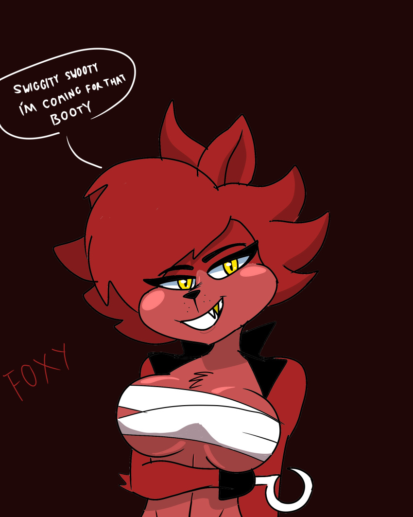 absurd_res animal_humanoid anthro breasts canid canid_humanoid canine canine_humanoid clothed clothing female feral five_nights_at_freddy's fox fox_humanoid foxy_(cally3d) foxy_(fnaf) fur hair hi_res humanoid hybrid lagomorph lagomorph_humanoid mammal mammal_humanoid scottgames simple_background smile synt84 text