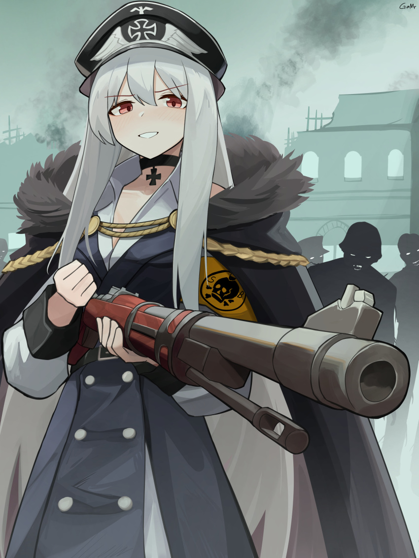 1girl absurdres aiguillette bolt_action choker commission cross cross_choker gamryous girls'_frontline gun hair_between_eyes hat highres holding holding_gun holding_weapon iron_cross jacket jacket_on_shoulders kar98k_(girls'_frontline) long_hair looking_at_viewer mauser_98 peaked_cap red_eyes rifle ruins standing very_long_hair weapon white_hair zombie zombie_army_trilogy