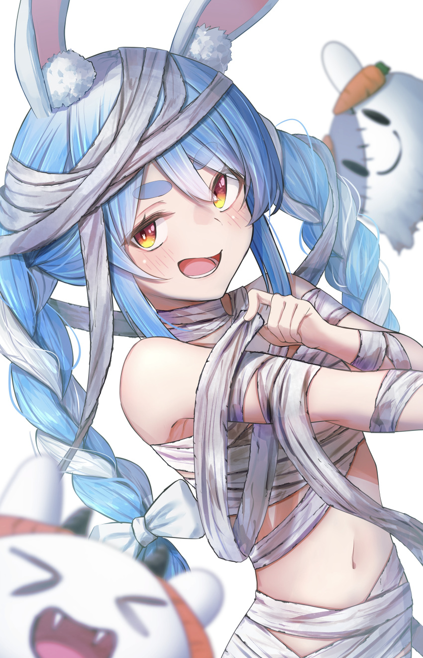1girl absurdres animal_ear_fluff animal_ears bandage_on_face bandages bare_shoulders blue_hair blush braid breasts hair_between_eyes halloween highres hololive long_hair looking_at_viewer midriff multicolored_hair mummy mummy_costume naked_bandage navel nishiuji open_mouth orange_eyes parted_hair pekomon_(usada_pekora) rabbit-shaped_pupils rabbit_ears sidelocks single_bare_shoulder small_breasts smile solo_focus stomach swept_bangs symbol-shaped_pupils thick_eyebrows twin_braids twintails two-tone_hair usada_pekora virtual_youtuber white_background white_hair