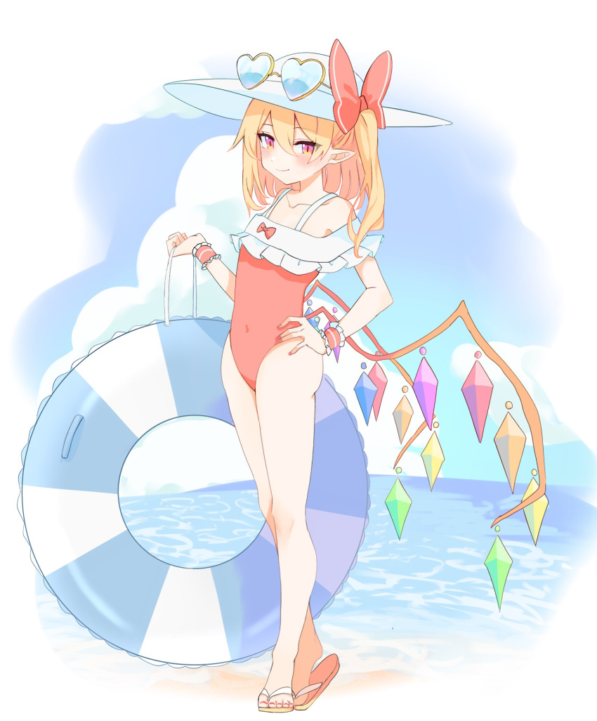 1girl \||/ alternate_costume barefoot blonde_hair blue_sky blush bow closed_mouth collarbone commentary_request covered_navel crystal double-parted_bangs eyelashes eyewear_on_headwear flandre_scarlet flat_chest flip-flops frilled_cuffs frilled_one-piece_swimsuit frills full_body hair_between_eyes hair_bow hand_on_own_hip hand_up hat heart heart-shaped_eyewear highres koroyarou long_hair looking_at_viewer nail_polish ocean one-piece_swimsuit pointy_ears rainbow_order red_bow red_eyes red_nails red_one-piece_swimsuit red_wrist_cuffs sandals side_ponytail sky slit_pupils smile smug solo standing striped_innertube sunglasses swimsuit thighs touhou tsurime water white_headwear wings wrist_cuffs