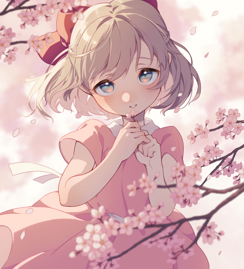 1girl blonde_hair blurry blush bow branch cherry_blossoms depth_of_field dot_nose dress flower grey_eyes highres holding holding_flower looking_at_viewer mother_(game) mother_2 parted_lips paula_(mother_2) pink_dress pink_petals red_bow shifumame short_hair short_sleeves solo waist_bow