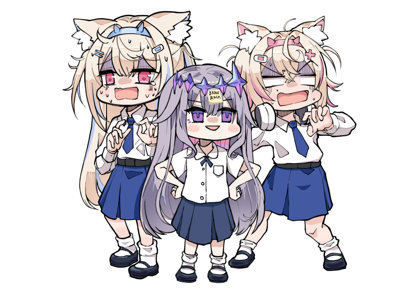 3girls absurdres animal_ears black_footwear black_skirt blonde_hair blue_hairband blue_necktie blue_skirt collared_shirt dog_ears dress_shirt fuwawa_abyssgard grey_hair hair_between_eyes hairband hands_on_own_hips highres hololive hololive_english koseki_bijou long_hair long_sleeves mococo_abyssgard multicolored_hair multiple_girls nakatokung necktie open_mouth pink_eyes pink_hair pink_hairband pleated_skirt puffy_long_sleeves puffy_sleeves purple_eyes shirt shoes short_sleeves simple_background skirt socks standing streaked_hair sweat tears turning_head v-shaped_eyebrows very_long_hair virtual_youtuber white_background white_shirt white_socks