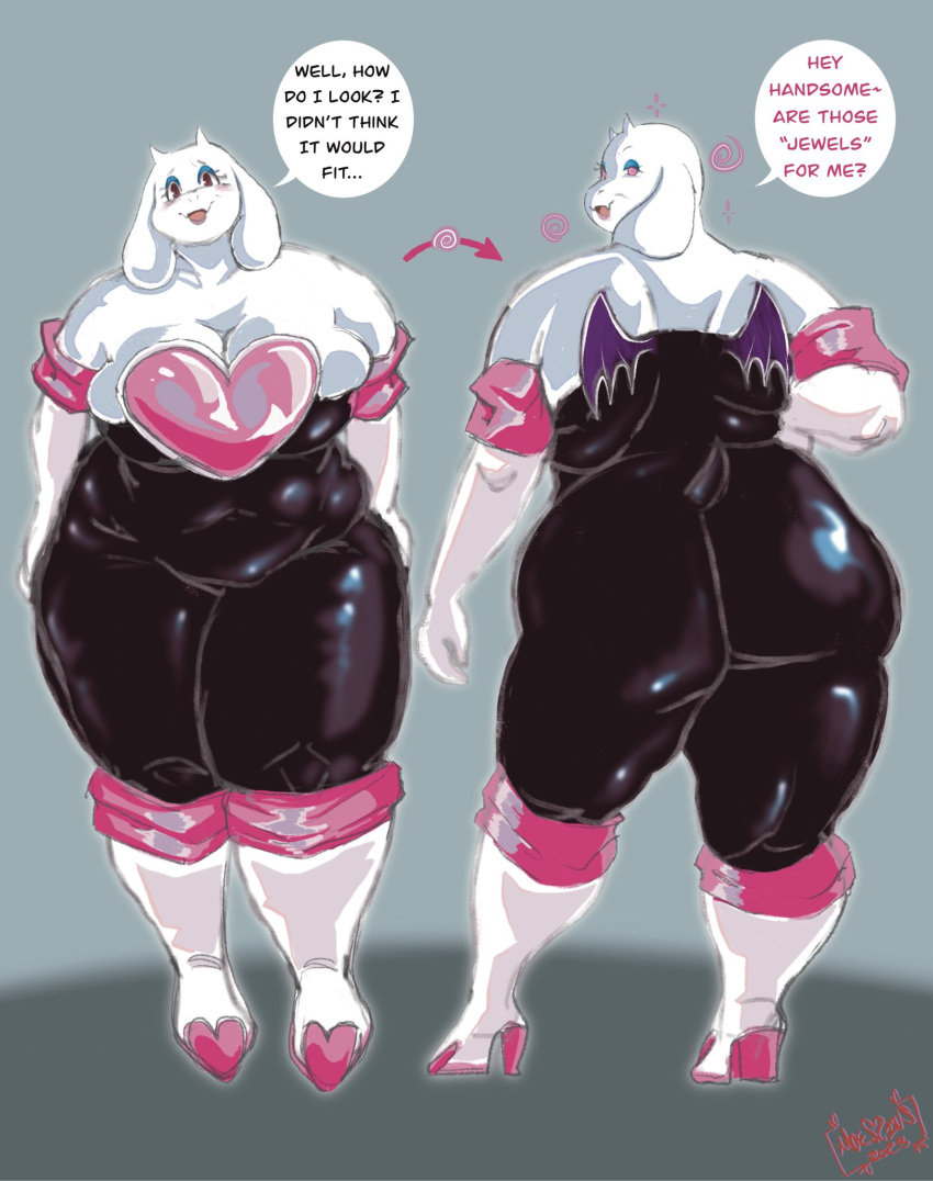 anthro big_breasts big_butt breasts butt clothing female gloves handwear hi_res huge_butt moessins overweight rouge_the_bat_outfit solo thick_thighs toriel undertale_(series)