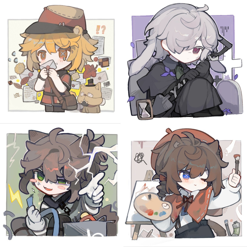 !? 4boys :t ahoge andrew_kreiss animal_ears art_brush bag beret black_capelet black_coat black_footwear black_gloves black_headwear black_pants blonde_hair blush border bow brown_bag brown_hair canvas_(object) capelet cat_ears cat_tail chain checkerboard_cookie chibi chinese_commentary closed_mouth coat collared_shirt colored_eyelashes commentary_request cookie covering_mouth cross cross_scar crying crying_with_eyes_open dog drill_hair drill_ponytail edgar_valden electricity envelope expressionless falling_petals fang flower flying_sweatdrops food gloves grave graveyard green_background green_eyes green_neckerchief grey_background grey_hair grey_shirt hair_between_eyes hair_bow hair_over_one_eye half-closed_eye hat highres holding holding_envelope holding_letter holding_paintbrush holding_palette holding_shovel hourglass identity_v iris_(flower) knees_up leaf letter lightning lightning_bolt_symbol long_coat long_sleeves lop_rabbit_ears luca_balsa male_focus maple_leaf medium_hair messy_hair multicolored_background multicolored_shirt multiple_boys neck_ribbon neckerchief one_eye_closed open_mouth orange_eyes outside_border paint_tube paintbrush palette_(object) pants paper pencil petals pointing pointing_at_viewer ponytail purple_background purple_flower rabbit_ears red_bow red_capelet red_eyes red_headwear red_ribbon red_shirt ribbon satchel scar scar_on_cheek scar_on_face scar_on_nose shirt short_hair short_sleeves shoulder_bag shovel simple_background single_tear sitting skin_fang smile sparks squiggle stitched_mouth stitches striped striped_shirt suspenders symbol-shaped_pupils tail tears tombstone top_hat victor_grantz wax_seal white_background white_border white_gloves white_shirt wick_(identity_v) wire x-shaped_pupils zao_li_(alilililioxo)