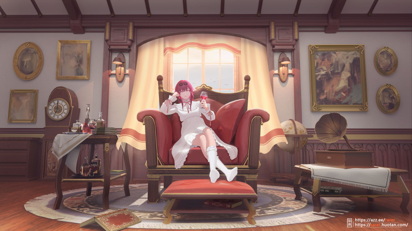 1girl alcohol alternate_costume arm_support armchair artist_name bird book bottle chair clock closed_mouth commentary_request crossed_legs cup curtains dress drinking_glass eyewear_on_head globe grandfather_clock head_rest highres holding holding_cup honkai:_star_rail honkai_(series) indoors kafka_(honkai:_star_rail) lamp lips long_hair long_sleeves looking_at_viewer neck_ribbon open_book painting_(object) phonograph purple_eyes purple_hair rarer red_ribbon ribbon sitting socks solo sunglasses table white_dress white_socks window wine_glass