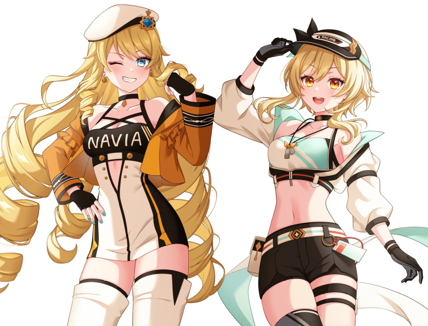2girls alternate_costume bare_shoulders beret black_choker black_gloves black_shorts blonde_hair blue_eyes blue_nails blush breasts brown_jacket character_name choker cleavage clothes_writing commentary_request cowboy_shot crop_top cropped_jacket dress drill_hair drill_sidelocks earrings fingerless_gloves flower genshin_impact gloves grin hair_between_eyes hair_flower hair_ornament hand_up hat highres jacket jewelry long_hair long_sleeves looking_at_viewer lumine_(genshin_impact) medium_breasts midriff multicolored_clothes multicolored_dress multiple_girls nail_polish navel navia_(genshin_impact) necklace off_shoulder one_eye_closed open_clothes open_jacket open_mouth orange_eyes orange_jacket partial_commentary pencil_dress pochimaru_(marumaru_wanwan) shirt short_dress shorts sidelocks single_thighhigh smile standing stomach teeth thighhighs thighs tongue visor_cap whistle white_background white_headwear white_sleeves white_thighhighs