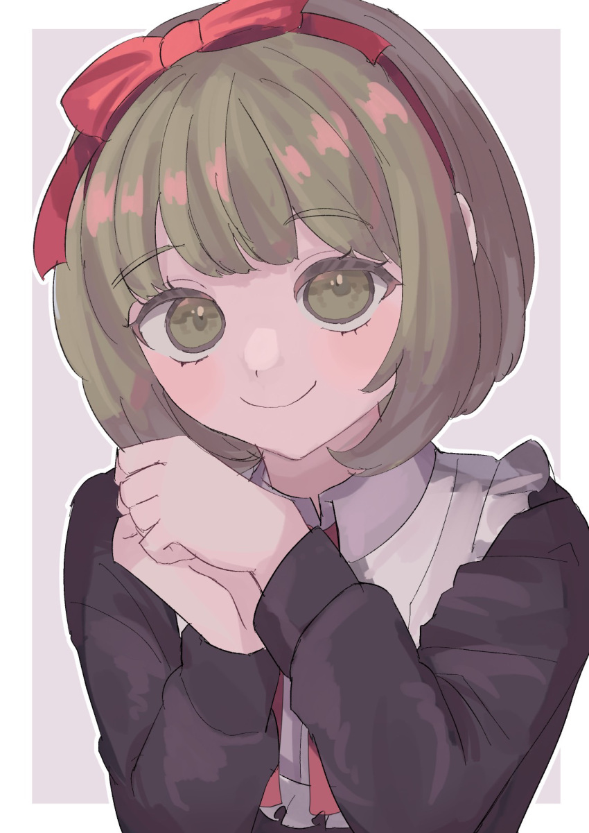 1girl black_dress bow closed_mouth collared_dress danganronpa_(series) danganronpa_another_episode:_ultra_despair_girls dress green_eyes green_hair hair_bow hairband hands_up highres ibushi_(kuyuru_29) long_sleeves neck_ribbon own_hands_together red_bow red_hairband ribbon short_hair smile solo towa_monaca