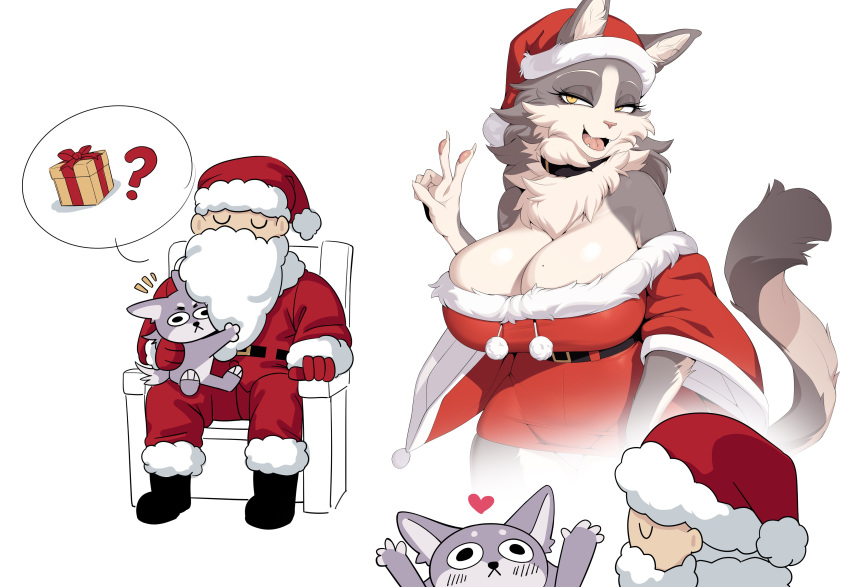 absurd_res anthro big_breasts breasts canid canine canis cervina7_(artist) christmas christmas_clothing christmas_headwear cleavage clothed clothing countershading duo felid feline female fur grey_body grey_fur hair hat headgear headwear hi_res holidays huge_breasts mammal santa_claus santa_hat simple_background