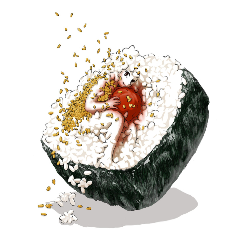 1other blending food food_focus highres holding holding_food looking_at_viewer makizushi marui_michi original rice sesame_seeds shadow solo sushi white_background