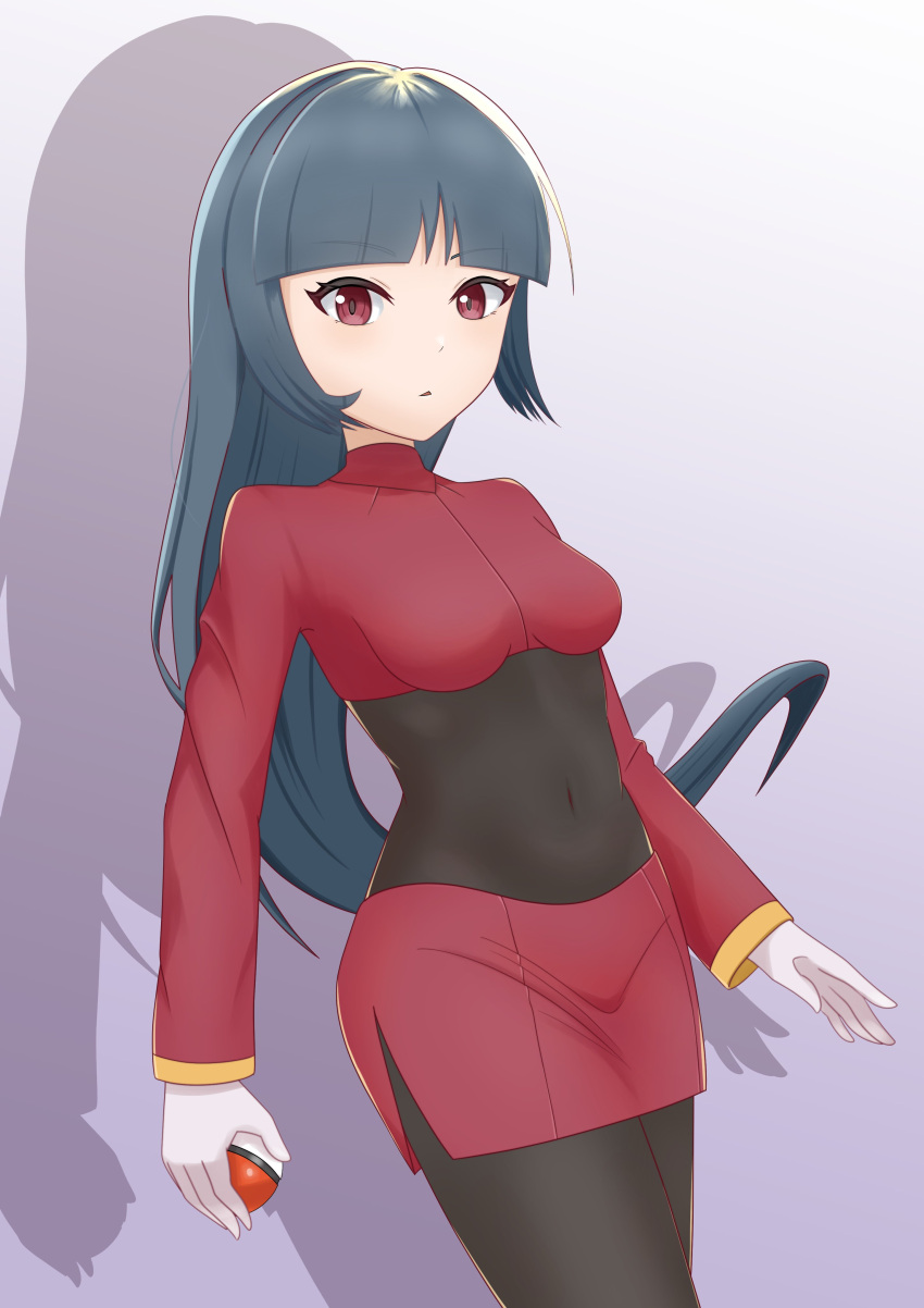 1girl absurdres black_bodysuit blue_hair blunt_bangs bodysuit bodysuit_under_clothes breasts cropped_jacket dark_blue_hair gloves hatoro_kuroyoshi highres hime_cut holding holding_poke_ball jacket long_hair long_sleeves medium_breasts poke_ball poke_ball_(basic) pokemon pokemon_frlg red_eyes red_jacket red_skirt sabrina_(pokemon) side_slit skirt solo turtleneck turtleneck_jacket white_gloves