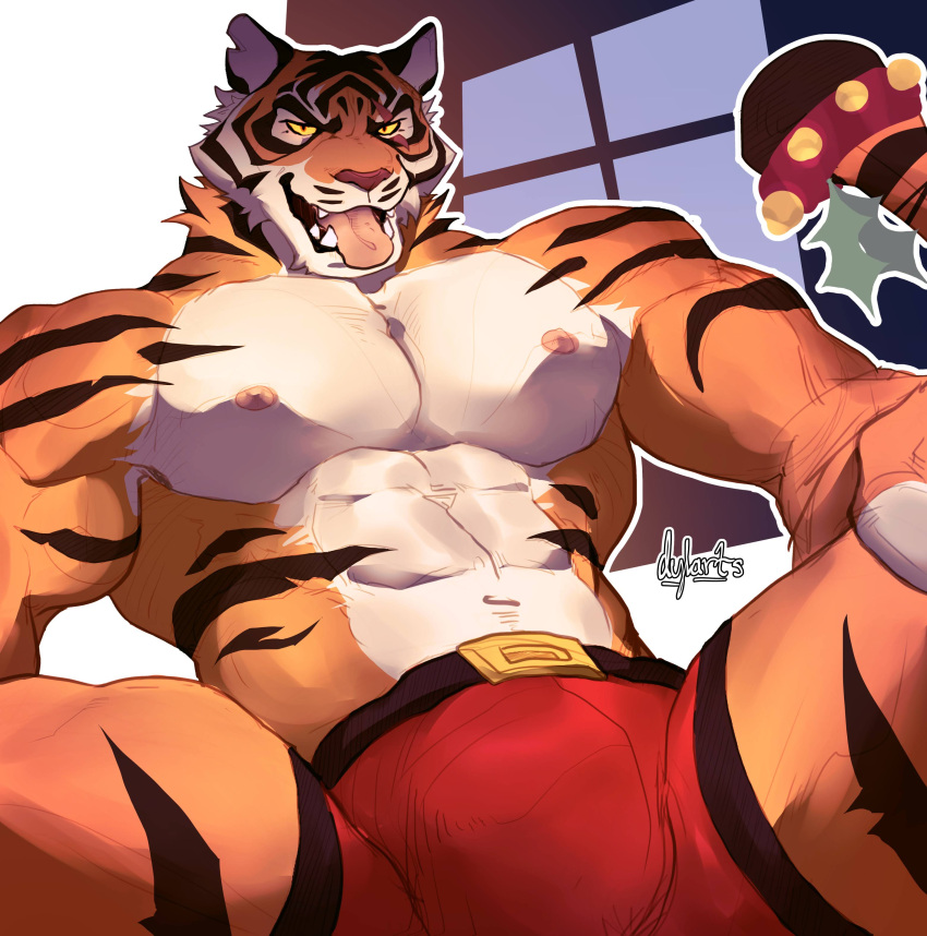 2023 abs absurd_res anthro bedroom_eyes biceps christmas clothed clothing deltoids dylarts epic_games felid fortnite hi_res holidays looking_at_viewer male mammal mistletoe muscular muscular_anthro narrowed_eyes navel nipples oscar_(fortnite) pantherine pecs plant seductive shaded signature simple_background sitting solo stripes tail teeth tiger tongue tongue_out topless yellow_sclera