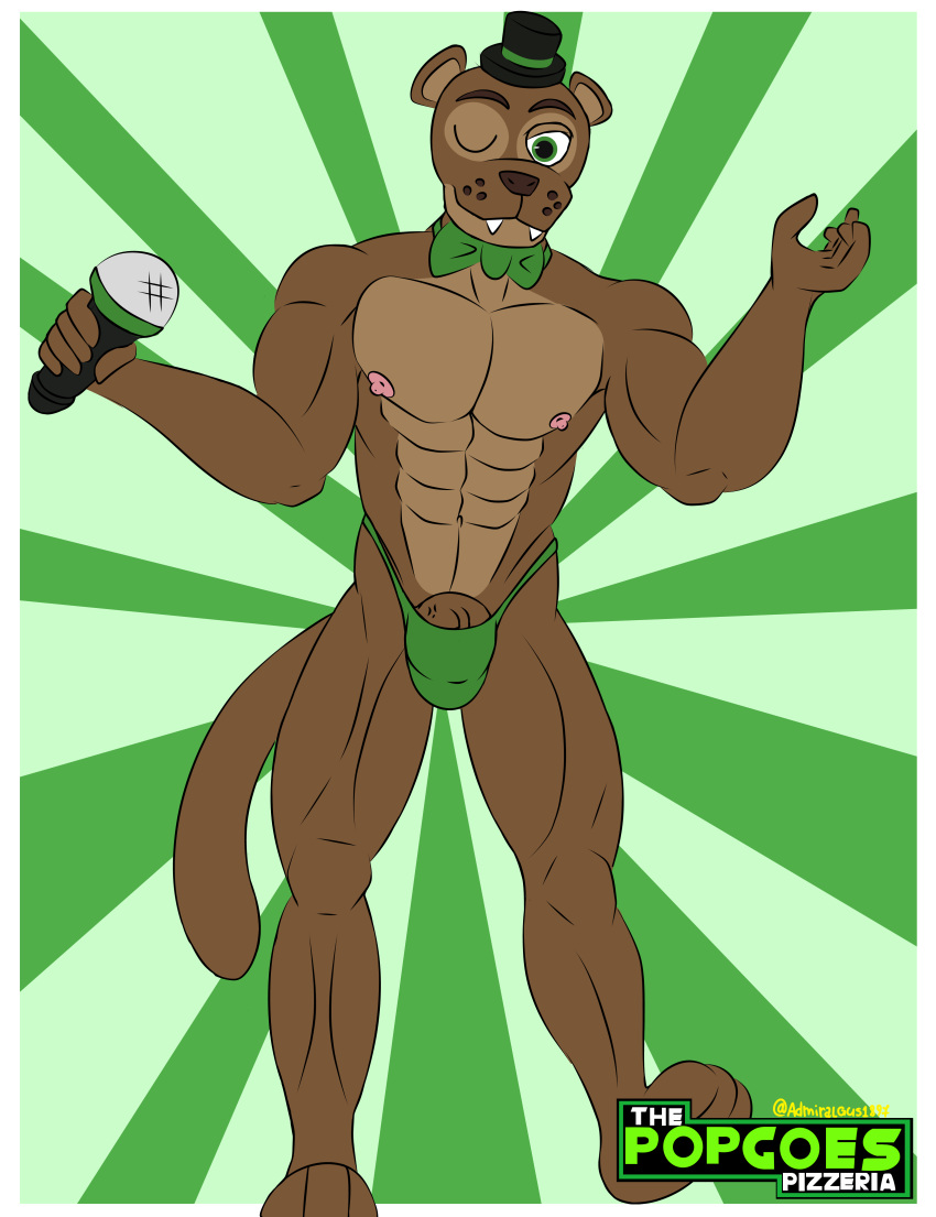 abs absurd_res admiralgus1897 anthro biceps bow_tie clothing electronics fazbear_fanverse five_nights_at_freddy's hat headgear headwear hi_res looking_at_viewer male mammal microphone muscular muscular_male mustelid musteline nipples one_eye_closed pecs popgoes popgoes_evergreen popgoes_the_weasel scottgames sharp_teeth solo teeth thong top_hat true_musteline underwear weasel wink