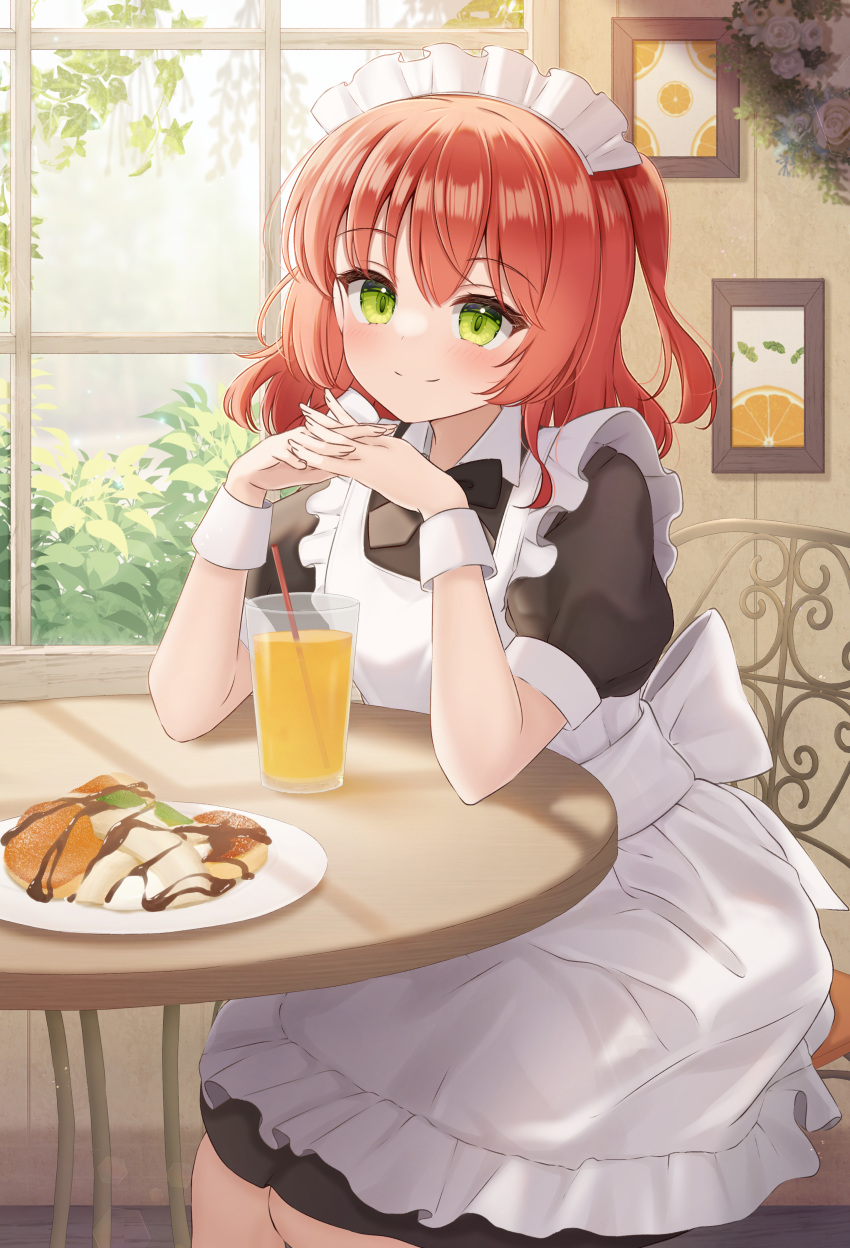 1girl absurdres apron black_dress blush bocchi_the_rock! chair closed_mouth commentary_request cup day dress drink drinking_glass drinking_straw food frilled_apron frills green_eyes hair_between_eyes highres indoors interlocked_fingers kita_ikuyo maid maid_apron maid_headdress on_chair one_side_up plate puffy_short_sleeves puffy_sleeves red_hair short_sleeves sitting smile solo white_apron window yukiunag1