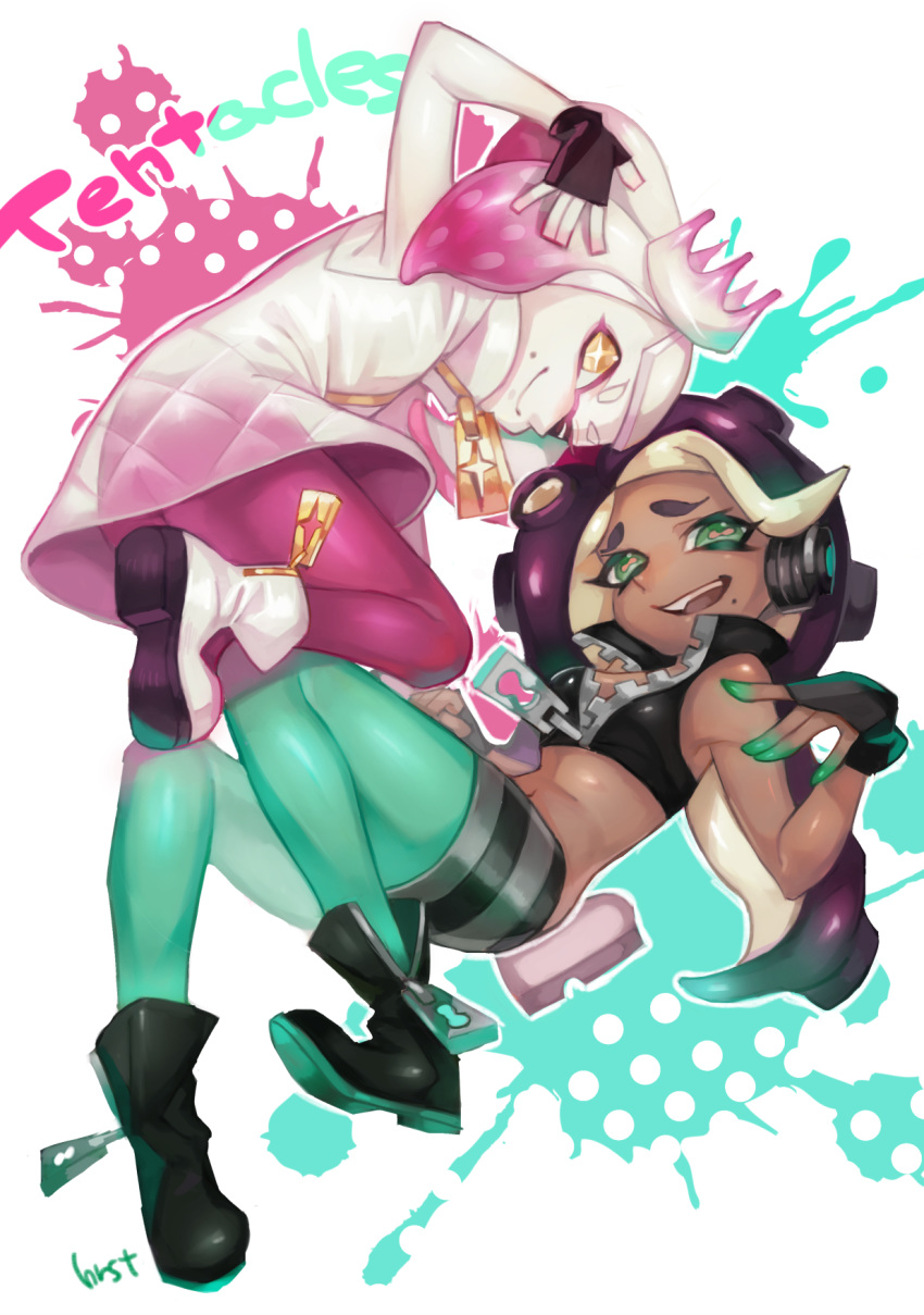 beauty_mark cephalopod clothing dark_skin duo female harusato hi_res humanoid inkling marina_(splatoon) marine nintendo not_furry octoling pearl_(splatoon) splatoon tentacle_hair tentacles video_games