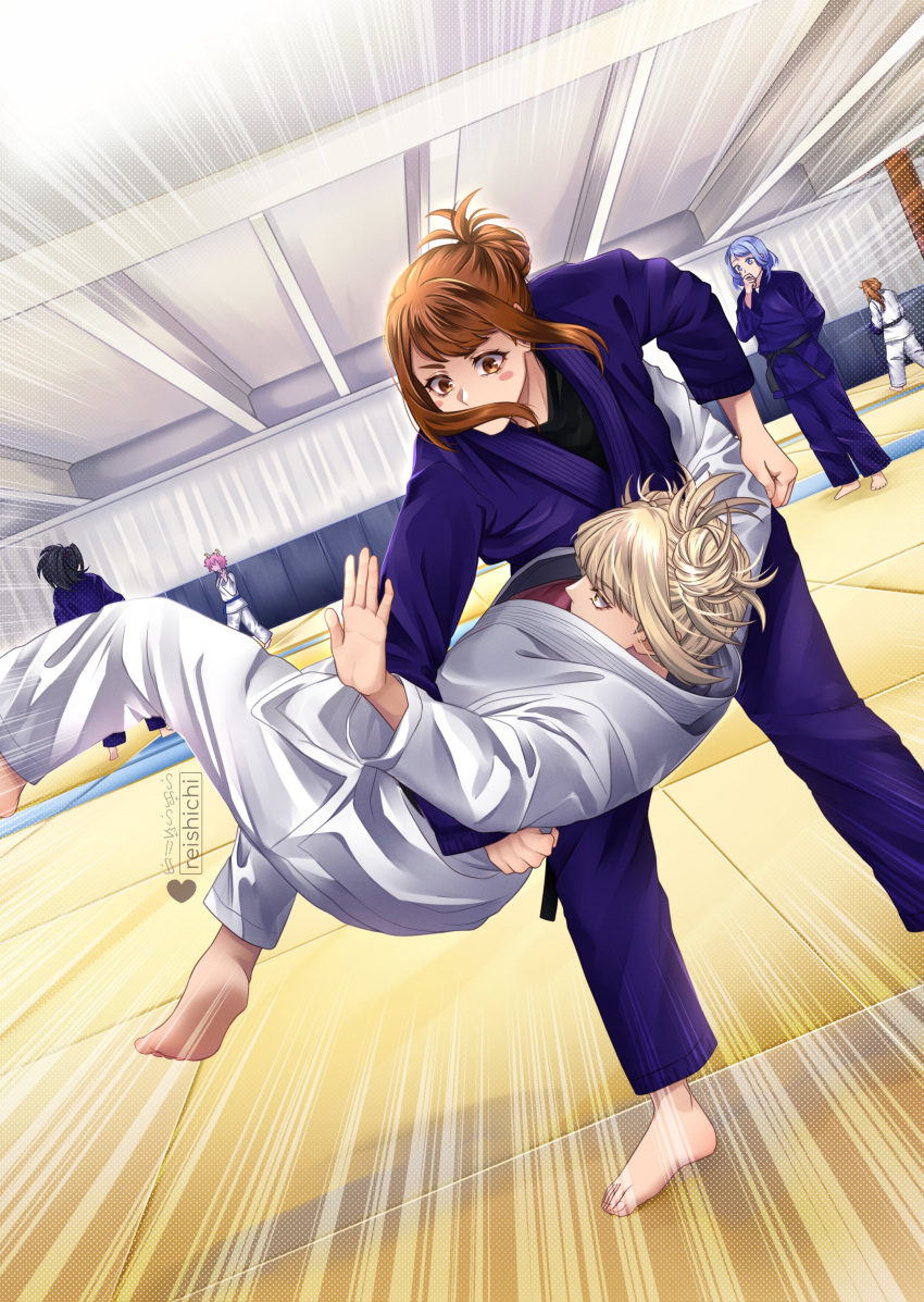 6+girls absurdres artist_name ashido_mina barefoot black_hair blonde_hair blue_eyes blue_kimono boku_no_hero_academia brown_eyes brown_hair double_bun dougi fighting hadou_nejire hair_bun highres japanese_clothes judo judo_throw kendou_itsuka kimono messy_hair motion_lines multiple_girls orange_hair pink_hair reishichi short_hair tatami toga_himiko uraraka_ochako white_kimono yaoyorozu_momo yellow_eyes