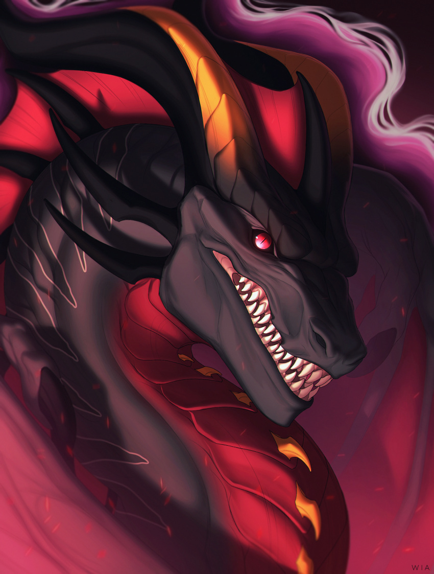 belly_scales black_body black_horn black_scales black_sclera cheek_spikes dorsal_frill dragon erebus_(cool534) facial_spikes feral frill_(anatomy) hi_res horn looking_at_viewer male membrane_(anatomy) multicolored_horn red_body red_eyes red_scales scales scalie solo spikes spikes_(anatomy) teeth wia yellow_horn