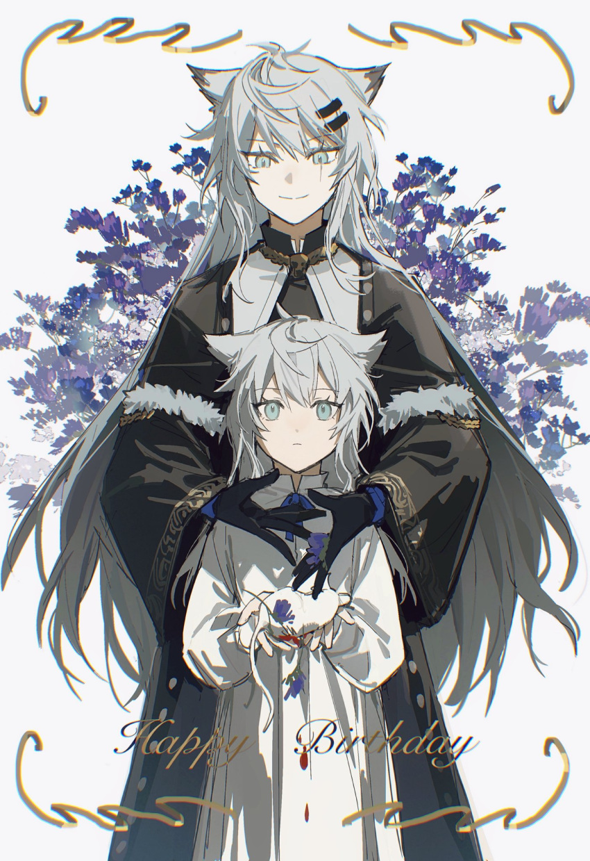 2girls aged_down animal animal_ears arknights black_coat black_gloves blue_eyes blue_flower coat cowboy_shot dead_animal dress dual_persona floral_background flower gloves grey_hair hair_between_eyes happy_birthday highres holding holding_animal lappland_(arknights) lappland_(refined_horrormare)_(arknights) long_hair long_sleeves looking_at_viewer multiple_girls official_alternate_costume scar scar_across_eye smile split_mouth very_long_hair white_background white_dress wolf_ears wolf_girl yanfenguo_gao