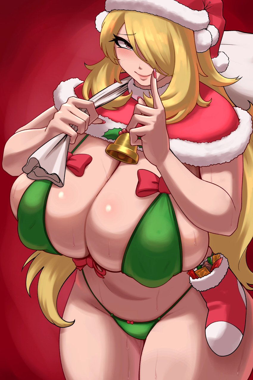 1girl absurdres bell bikini blonde_hair breasts brown_eyes capelet christmas_stocking closed_mouth cynthia_(pokemon) green_bikini hair_over_one_eye hat highres holding holding_sack huge_breasts long_hair looking_at_viewer muppy_(muppy0163) pokemon pokemon_dppt red_background red_capelet red_nails sack santa_hat sidelocks simple_background smile solo swimsuit thick_thighs thighs