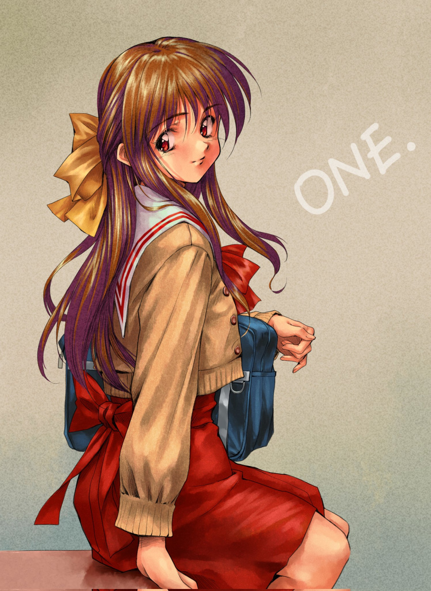1990s_(style) 1girl arm_at_side back_bow bag bow brown_hair brown_jacket closed_mouth commentary_request copyright_name cowboy_shot from_side grey_background hair_between_eyes hair_bow half_updo high-waist_skirt highres holding holding_bag jacket long_hair longmei_er_de_tuzi looking_at_viewer looking_back nagamori_mizuka one_-_kagayaku_kisetsu_e red_bow red_eyes red_ribbon red_skirt retro_artstyle ribbon sailor_collar school_uniform shoulder_bag sitting skirt smile solo tareme white_sailor_collar yellow_bow