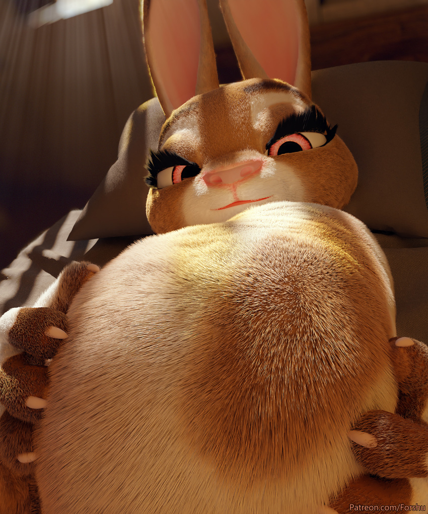 2021 3d_(artwork) 4_fingers abdominal_bulge anthro bedroom belly belly_rub big_belly claws close-up detailed_background digestion digital_media_(artwork) disney ellie_(forshu) eyebrows eyelashes female female_pred fingers foreshortening forshu fully_inside fur hand_on_own_belly hand_on_stomach hi_res holding_belly inside lagomorph leporid light lighting looking_at_viewer looking_down low-angle_view mammal multicolored_body multicolored_fur narrowed_eyes pink_nose rabbit red_eyes smile solo tan_body tan_fur text url vore white_body white_fur zootopia