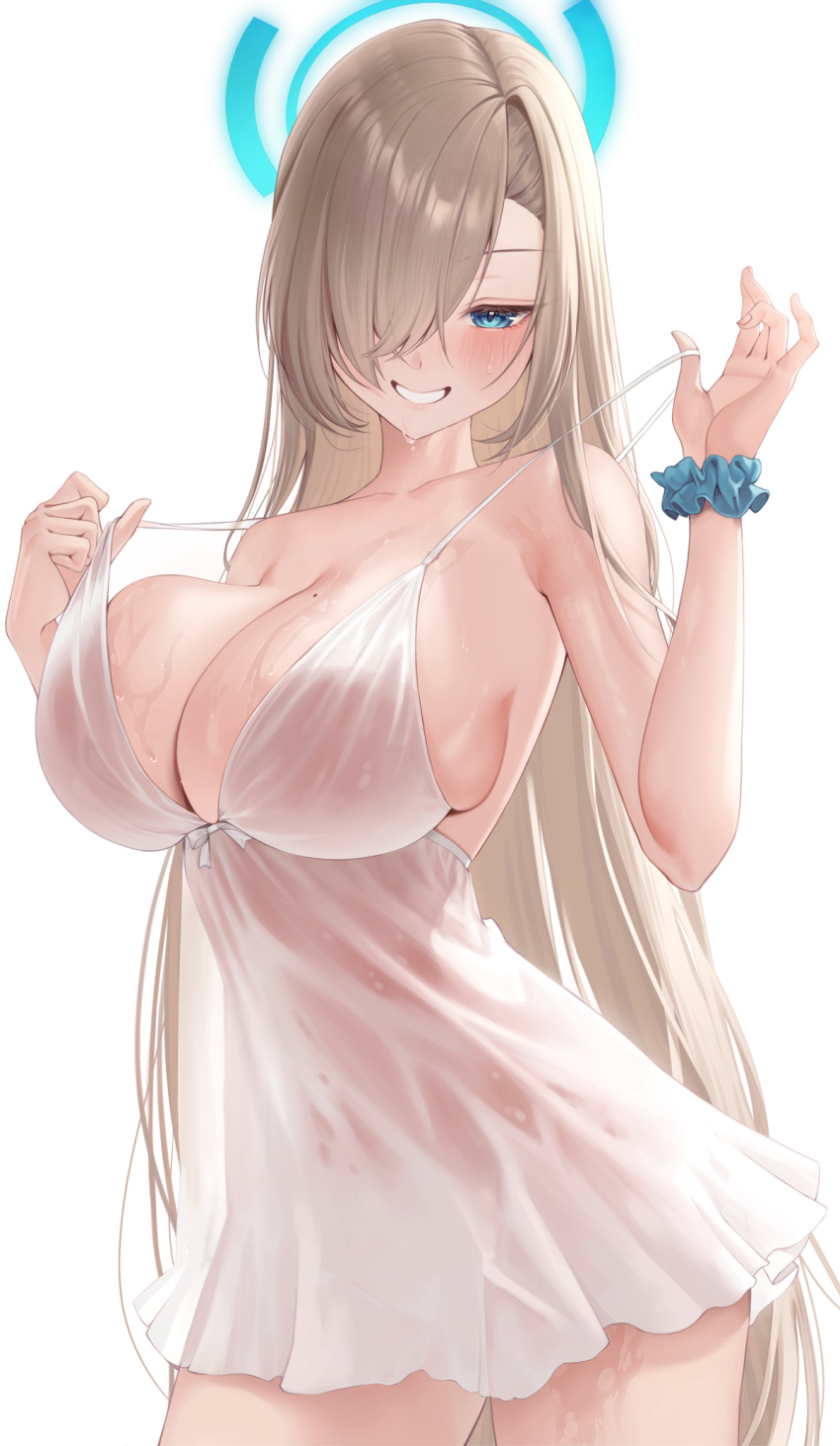 1girl asuna_(blue_archive) blue_archive blue_eyes blue_halo blush breasts cleavage collarbone dress grin hair_over_one_eye halo hands_up highres large_breasts light_brown_hair long_hair looking_at_viewer meraring mole mole_on_breast scrunchie see-through see-through_dress see-through_silhouette short_dress smile solo strap_pull sweat thighs very_long_hair wet wet_clothes wet_dress white_dress wrist_scrunchie