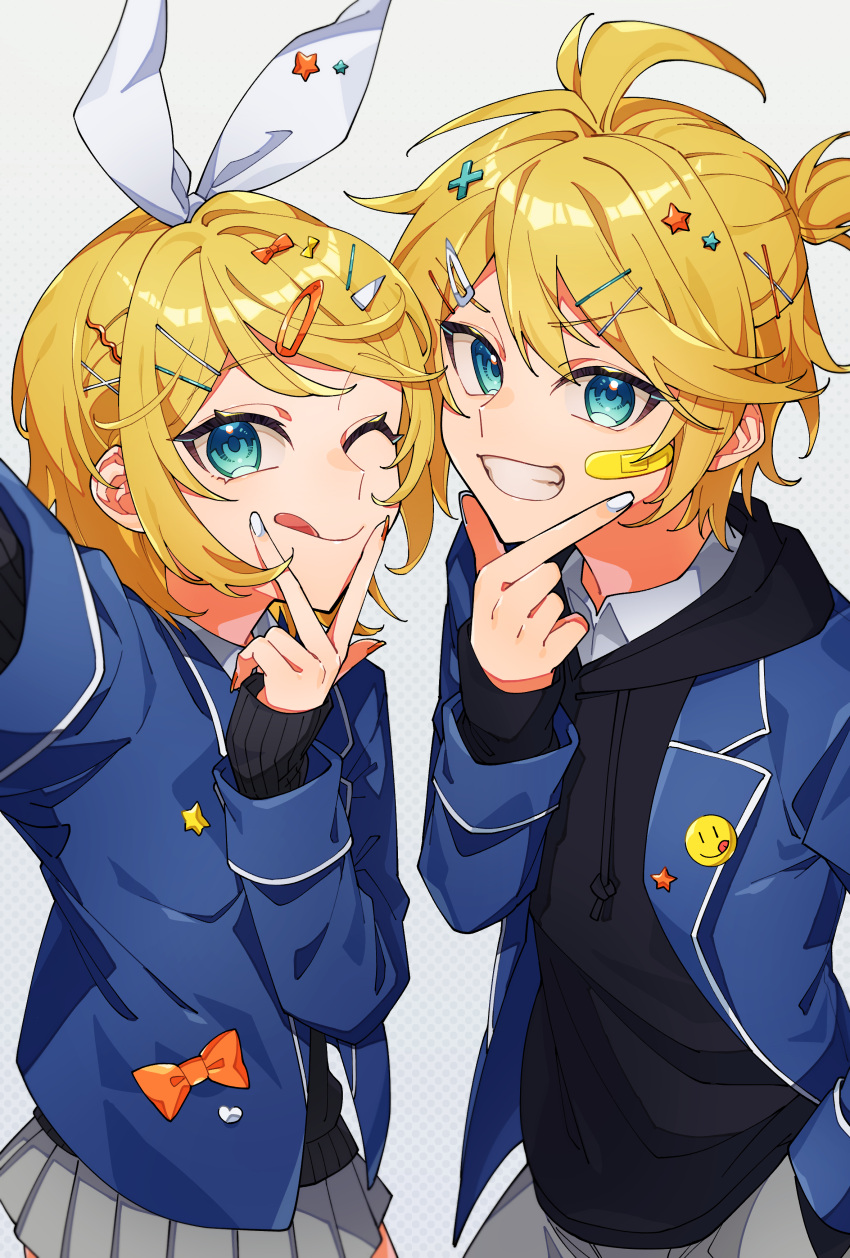 1boy 1girl absurdres ahoge aqua_eyes bandaid bandaid_on_face blazer blonde_hair cowboy_shot drawstring grey_skirt grin hair_ornament hairband hairclip hairpin highres jacket kagamine_len kagamine_rin licking_lips long_sleeves looking_at_viewer medium_hair miniskirt odd_(miyoru) one_eye_closed pleated_skirt selfie siblings skirt smile swept_bangs tongue tongue_out twins v_over_mouth vocaloid white_nails