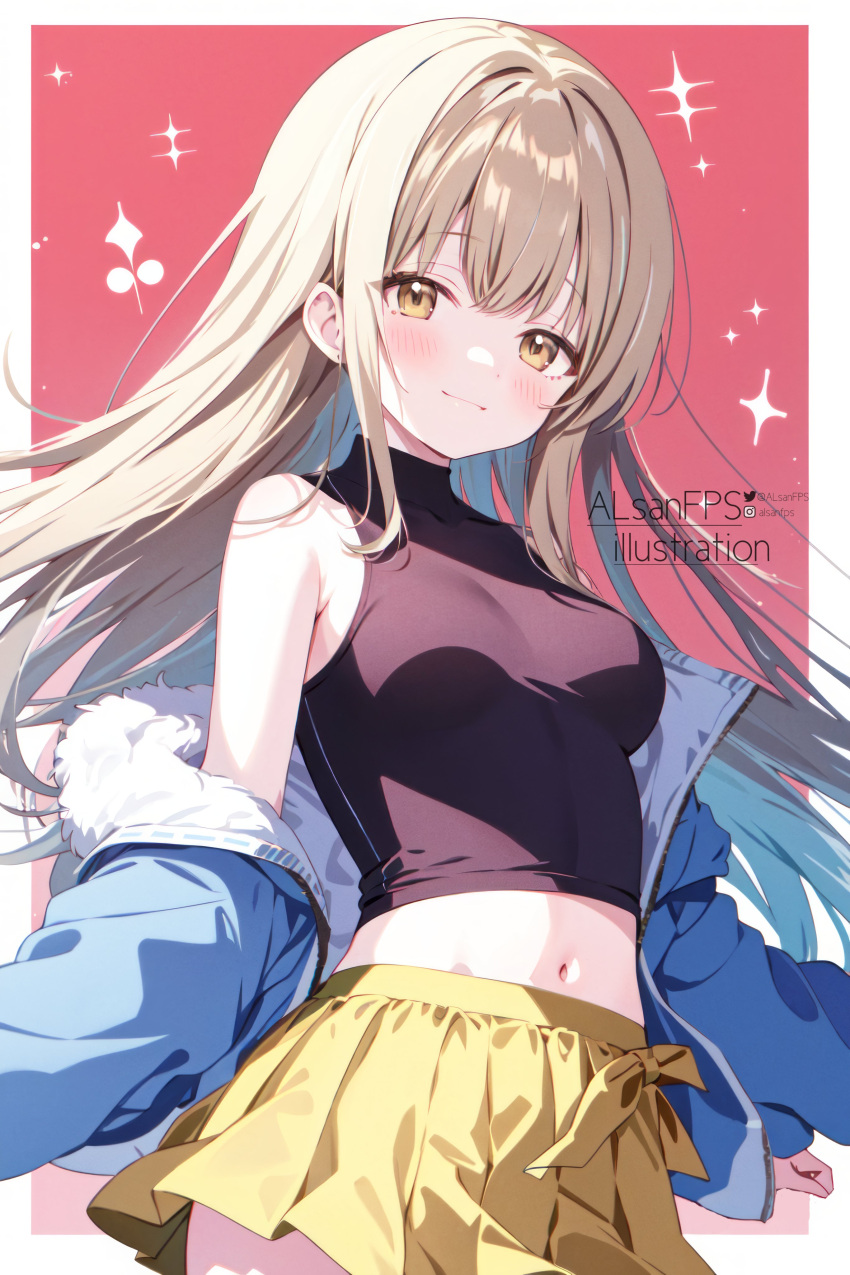 1girl absurdres ai-generated alsan_(fps) black_shirt blonde_hair blue_jacket blush breasts brown_eyes closed_mouth highres jacket long_hair looking_at_viewer medium_breasts midriff miniskirt navel otonari_no_tenshi-sama_ni_itsu_no_mani_ka_dame_ningen_ni_sarete_ita_ken shiina_mahiru_(otonari_no_tenshi-sama) shirt skirt sleeveless sleeveless_shirt solo yellow_skirt