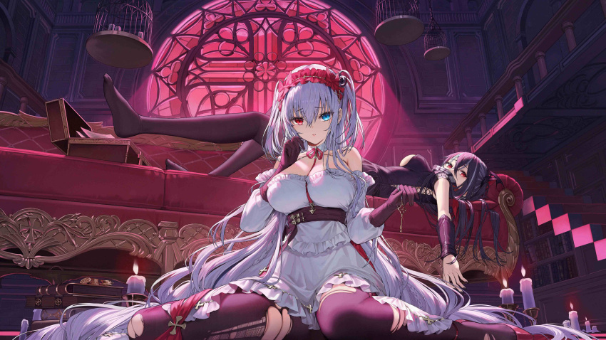 2girls absurdres azur_lane bare_shoulders birdcage black_dress black_gloves black_hair black_pantyhose blue_eyes book bookshelf breasts cage candle commentary couch detached_sleeves dress elbing_(azur_lane) fire frilled_dress frills gloves grey_hair hair_between_eyes hands_up heterochromia highres indoors large_breasts long_hair long_sleeves lying mo_xiaoxue multiple_girls no_shoes official_art on_back on_couch pantyhose puffy_long_sleeves puffy_sleeves railing red_eyes round_window symbol-only_commentary torn_clothes torn_pantyhose two_side_up u-47_(azur_lane) very_long_hair white_dress white_sleeves window