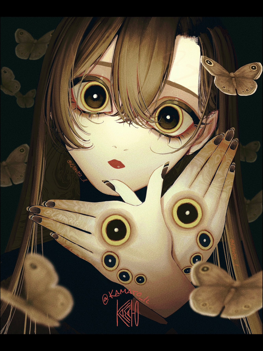 1girl black_background bright_pupils brown_hair bug butterfly expressionless hair_between_eyes hands_up highres kamato_il letterboxed limited_palette long_hair looking_at_viewer original portrait solo twitter_username white_pupils yellow_eyes