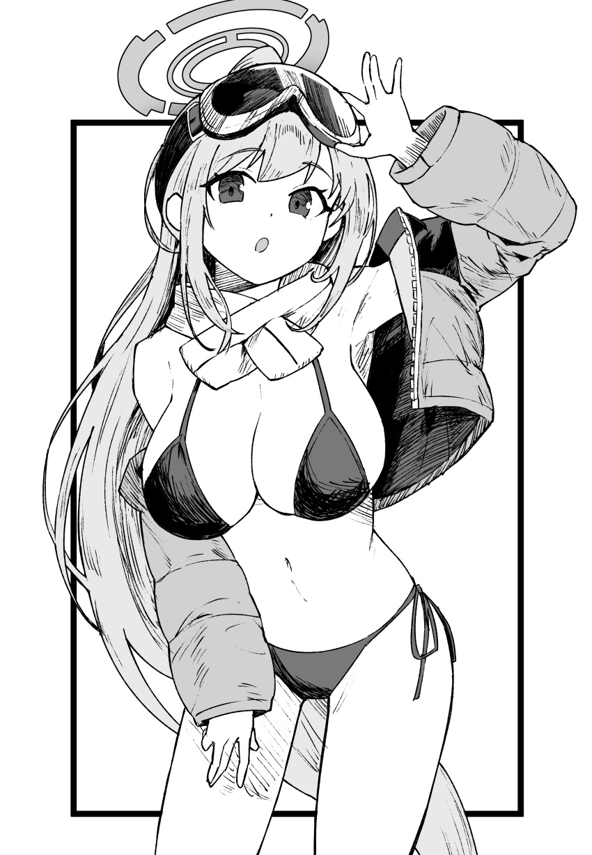 1girl :o absurdres bikini blue_archive breasts down_jacket eimi_(blue_archive) eimi_(swimsuit)_(blue_archive) goggles goggles_on_head greyscale halo hayashi_itsuki highres jacket large_breasts long_hair looking_at_viewer monochrome navel official_alternate_costume ponytail scarf side-tie_bikini_bottom solo standing swimsuit thighs