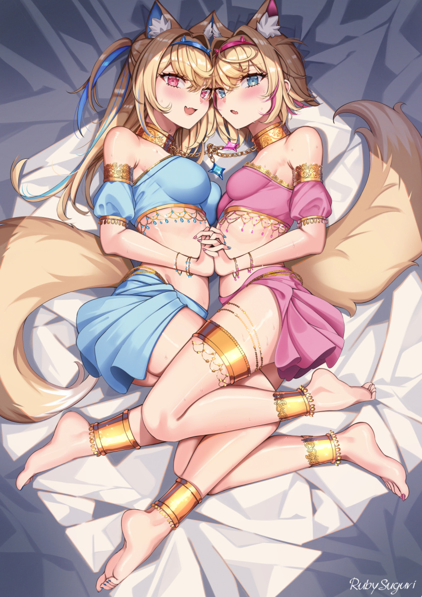 2girls alternate_costume animal_ear_fluff animal_ears barefoot blonde_hair blue_eyes blue_hair blue_nails blue_skirt blue_tube_top blush breasts commentary dog_ears dog_girl dog_tail fang feet fuwawa_abyssgard highres hololive hololive_english interlocked_fingers large_breasts legs looking_at_viewer lying mococo_abyssgard multicolored_hair multiple_girls nail_polish on_side open_mouth pink_eyes pink_hair pink_nails pink_skirt pink_tube_top ruby_suguri sidelocks skin_fang skirt small_breasts smile strapless streaked_hair tail toenail_polish toenails toes tube_top two_side_up virtual_youtuber