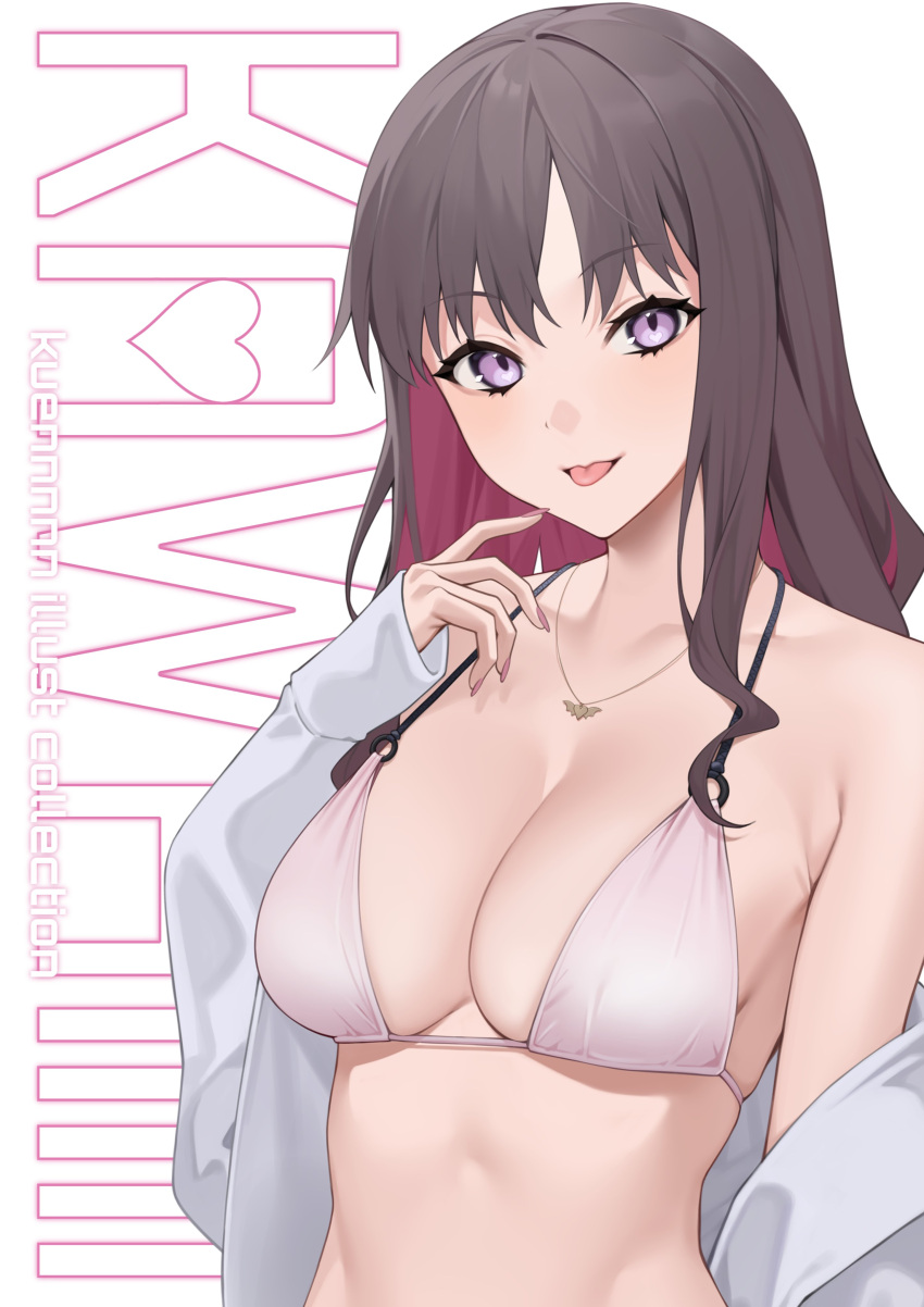 1girl absurdres bikini breasts brown_hair cleavage collared_shirt colored_inner_hair cover dress_shirt english_text heart heart_in_eye highres jewelry kuen_(kuennn12) long_hair long_sleeves looking_at_viewer medium_breasts multicolored_hair nail_polish necklace o-ring o-ring_bikini o-ring_top off_shoulder open_clothes open_shirt original pink_eyes pink_hair pink_nails shirt simple_background solo string_bikini swimsuit symbol_in_eye tongue tongue_out white_background white_bikini white_shirt