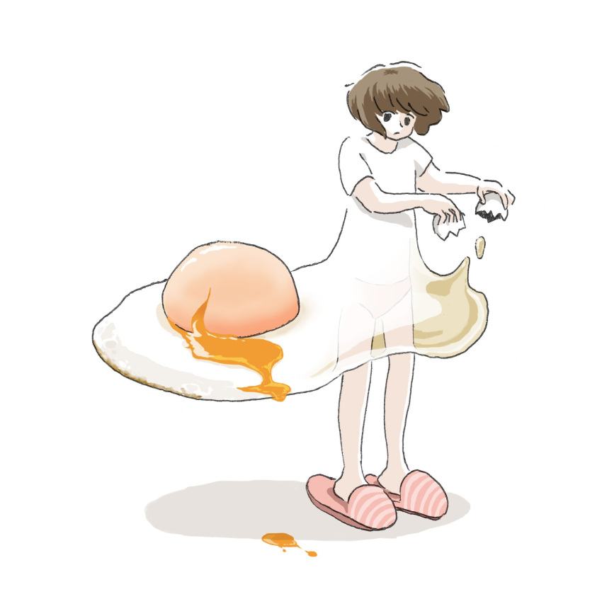 1girl brown_hair egg_yolk food fried_egg full_body highres holding_eggshell looking_down marui_michi original oversized_food oversized_object panties pink_footwear shadow shirt short_hair short_sleeves slippers solo standing underwear white_shirt