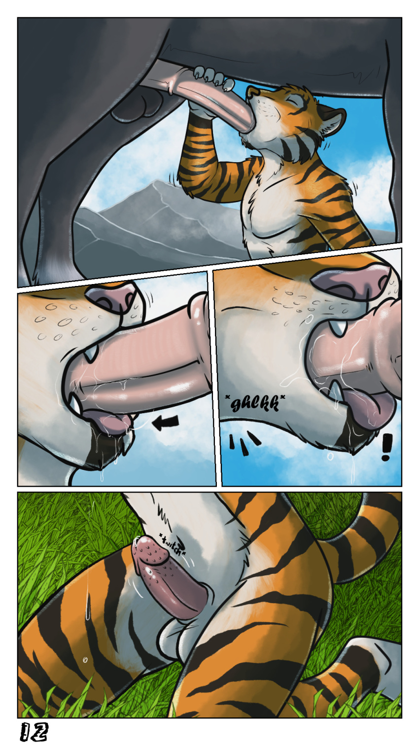 animal_genitalia animal_penis anthro anthro_on_feral balls barbed_penis bestiality comic duo equine equine_penis feline fellatio feral horse hufnaar hufnaar_(character) male male/male mammal oral penis servicing_from_below sex tiger