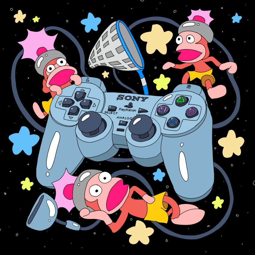 3others black_background butterfly_net commentary controller dualshock english_commentary game_console game_controller gamepad guppiesz hand_net highres monkey multiple_others playstation_1 playstation_controller product_placement saru_getchu wire