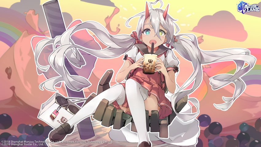 +_+ 1girl absurdres artist_request azur_lane blue_eyes brown_footwear dark-skinned_female dark_skin hair_between_eyes heterochromia highres horns indianapolis_(at_school_with_my_sister...)_(azur_lane) indianapolis_(azur_lane) long_hair looking_at_viewer official_alternate_costume official_art promotional_art rainbow red_horns red_skirt school_uniform shoes short_sleeves skirt solo thighhighs twintails very_long_hair white_hair white_thighhighs yellow_eyes