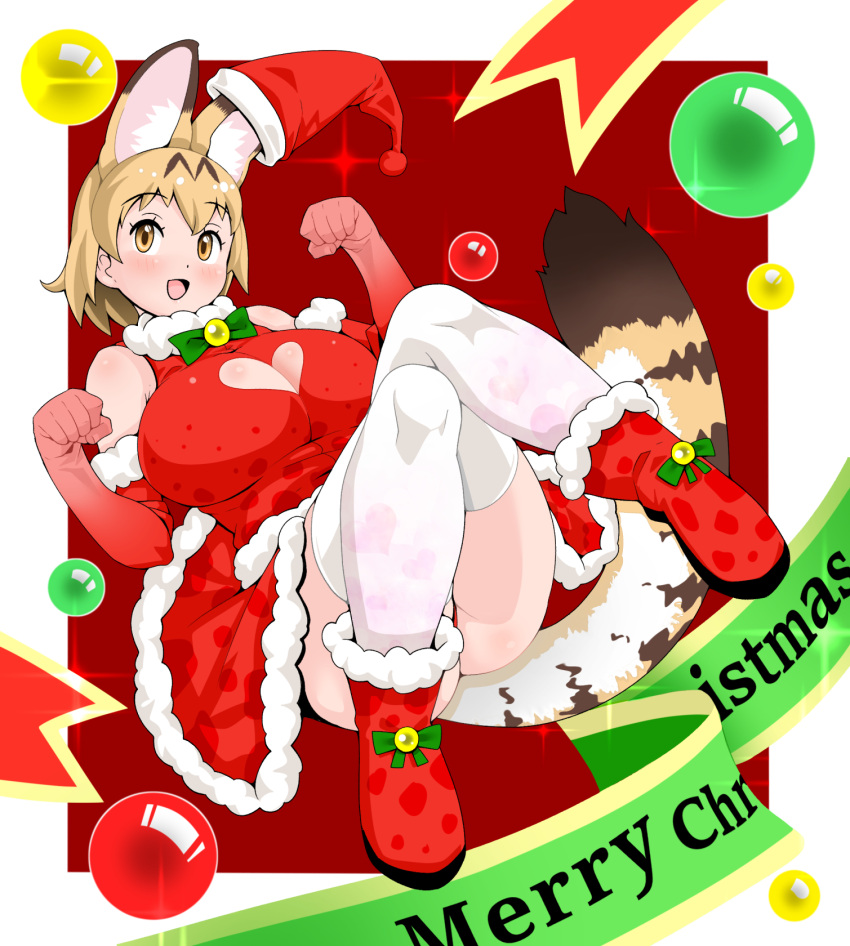 1girl animal_ears black_hair blonde_hair blush boots breasts cleavage_cutout clothing_cutout dress elbow_gloves emil_(fafa) extra_ears fur-trimmed_dress fur-trimmed_gloves fur-trimmed_headwear fur_trim gloves hat heart_cutout highres huge_breasts kemono_friends merry_christmas open_mouth panties pantyshot paw_pose red_dress red_gloves red_headwear red_panties santa_boots santa_costume santa_dress santa_gloves santa_hat serval_(kemono_friends) serval_print short_hair sleeveless smile tail thighhighs underwear