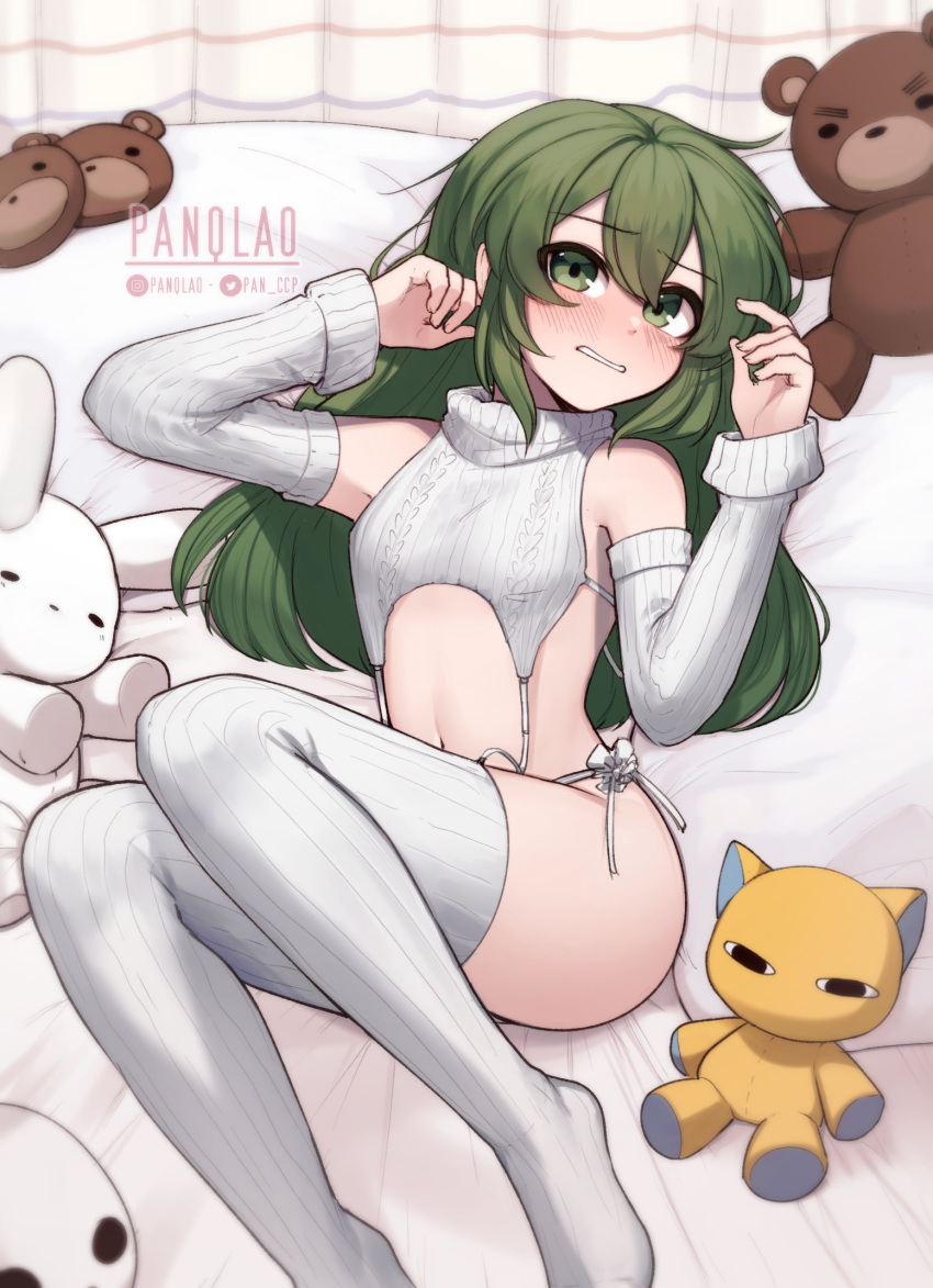 1girl aran_legwear blush cable_knit detached_sleeves garter_straps green_eyes green_hair highres igarashi_futaba_(shiromanta) looking_at_viewer lying medium_hair meme_attire naked_sweater on_back on_bed panqlao panties ribbed_legwear ribbed_panties ribbed_sleeves ribbed_sweater ribbed_thighhighs senpai_ga_uzai_kouhai_no_hanashi side-tie_panties sleeveless sleeveless_sweater sleeveless_turtleneck solo stuffed_animal stuffed_rabbit stuffed_toy sweater teddy_bear thighs turtleneck turtleneck_sweater underwear virgin_destroyer_sweater white_garter_straps white_panties white_sweater